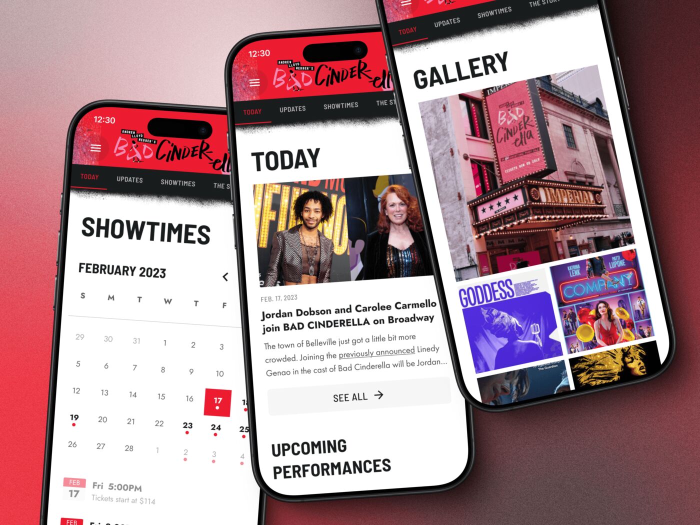 Three phones fanned on red showing a Broadway show app: showtimes, today, and gallery