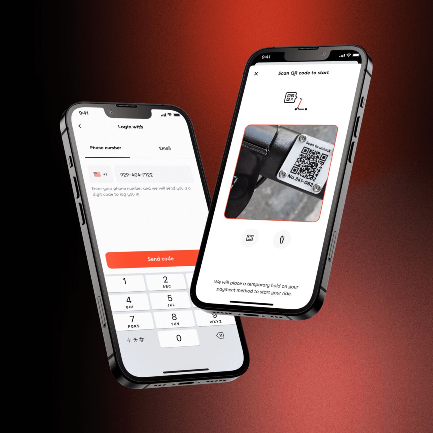 Two phones: logging in with a phone number, and scanning a QR code to start a ride