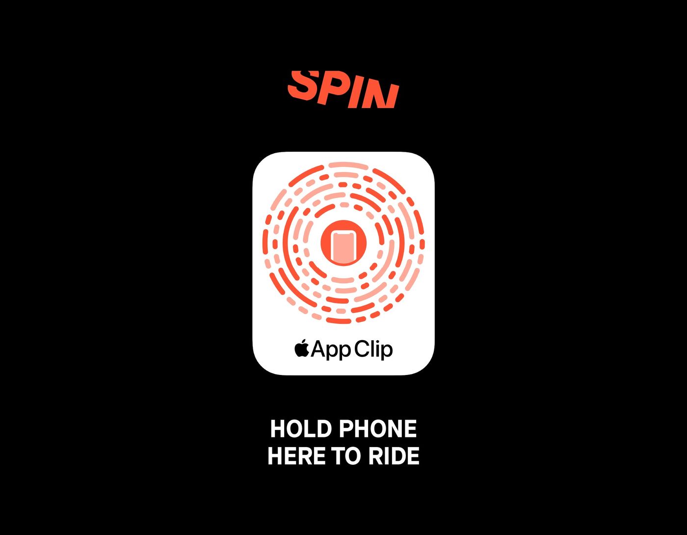 Spin App Clip code on black: hold phone here to ride