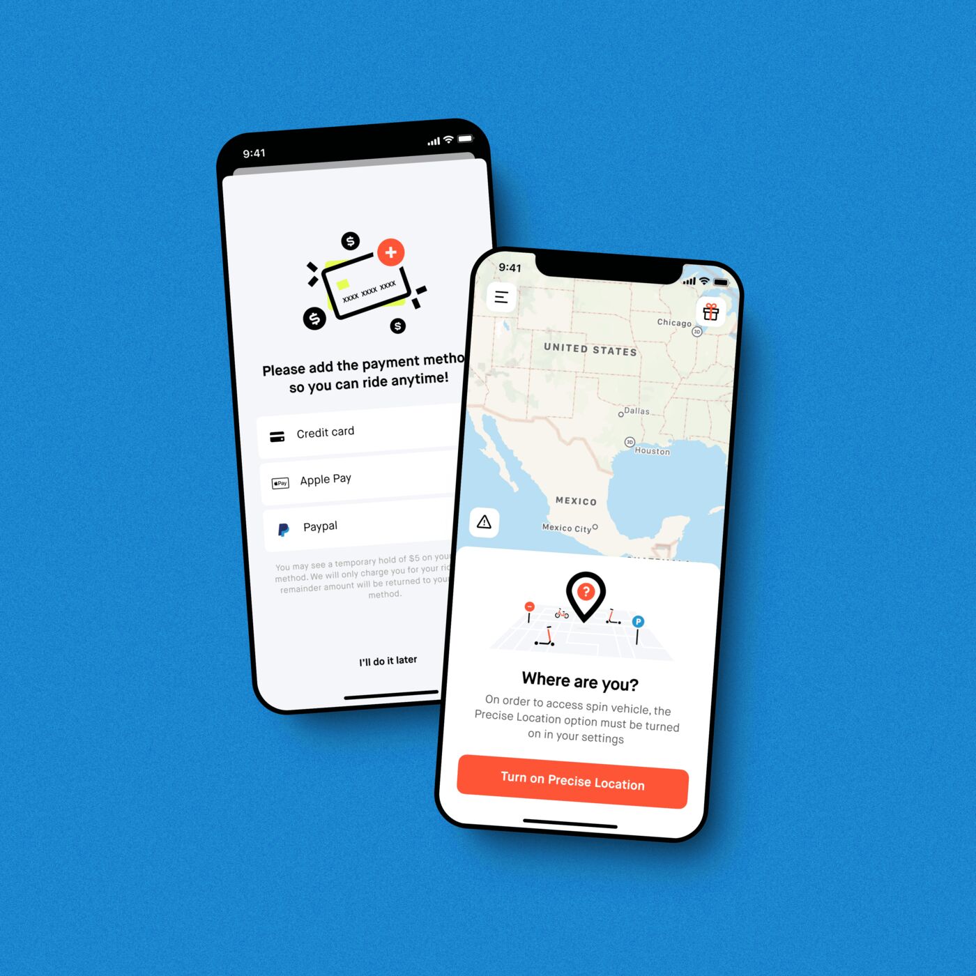 Two phones on blue: add a payment method, and a precise-location prompt