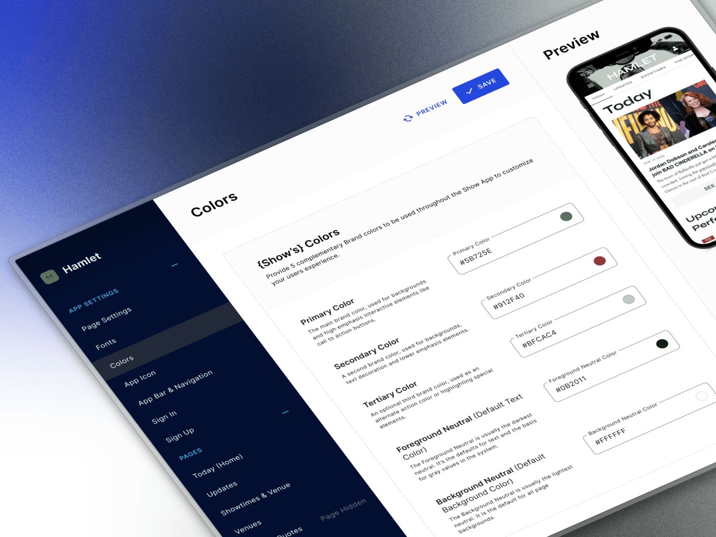 Admin interface for a Flutter show app: brand colors with a live phone preview