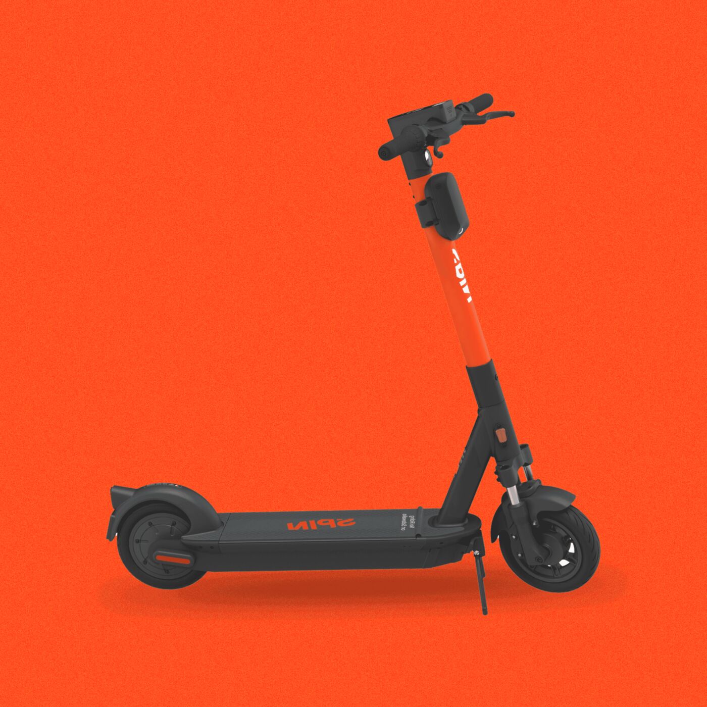 An orange and black Spin scooter on a red field