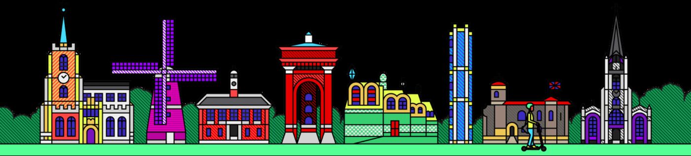 Illustrated city skyline with a Spin rider