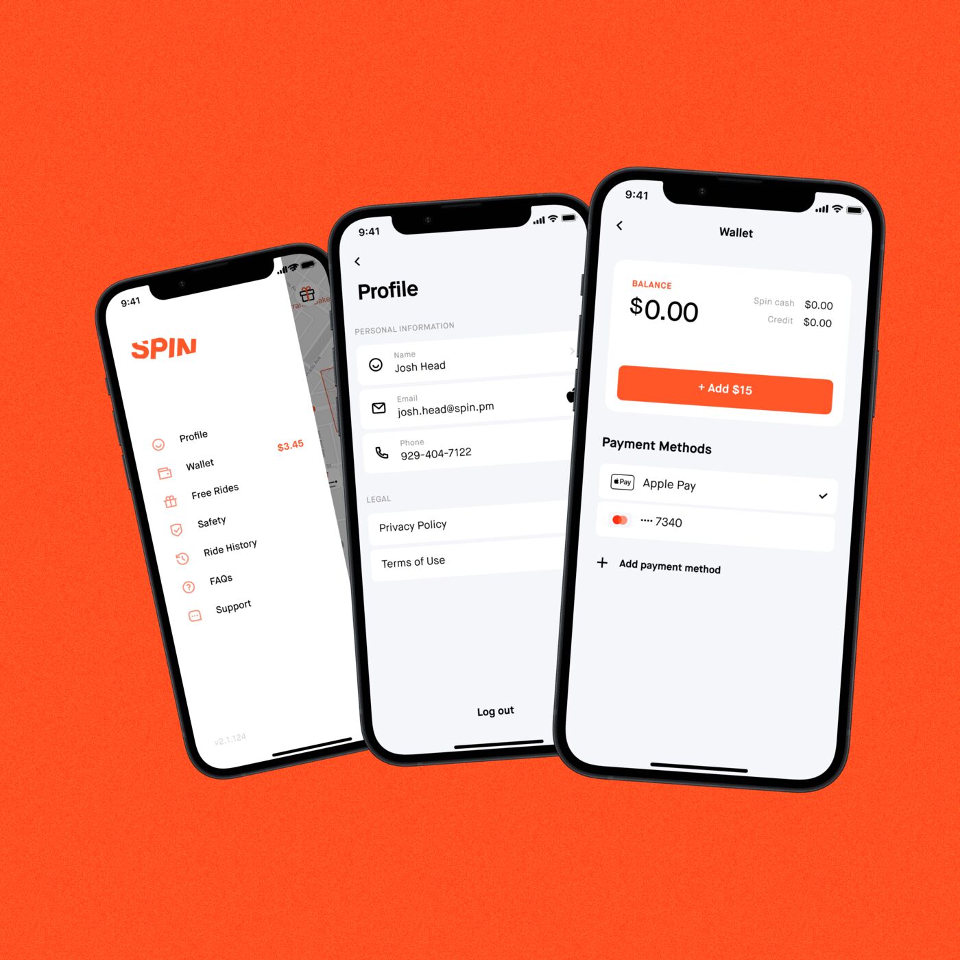Three phones: the side menu, a profile, and a wallet with Apple Pay