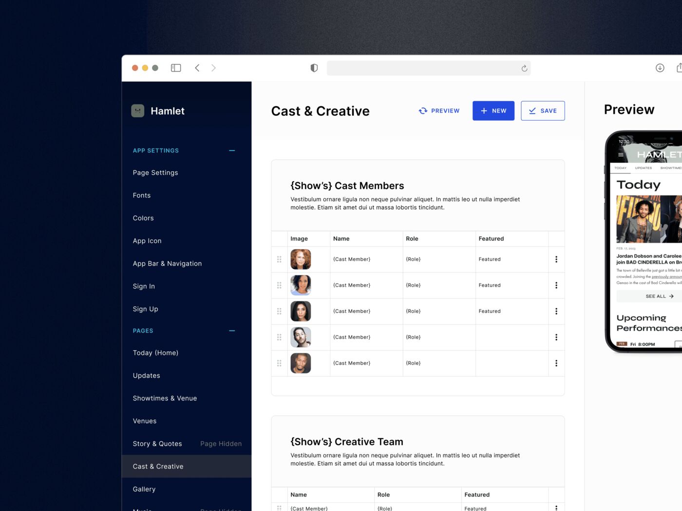 Cast and creative admin table for a show app, with a phone preview