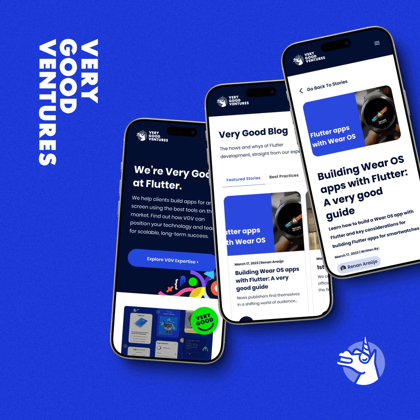 Three phones on royal blue showing the Very Good Ventures mobile site and blog