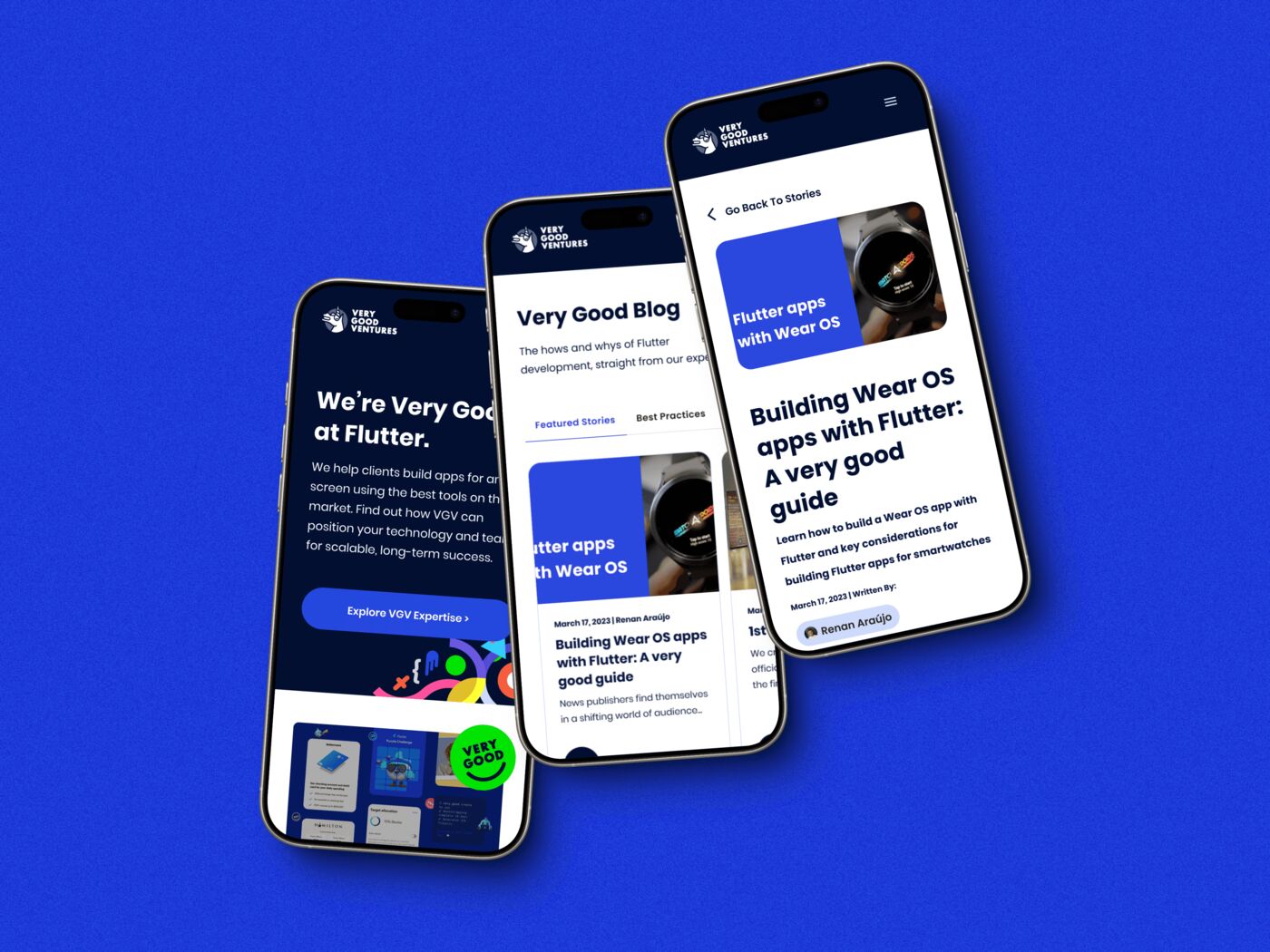 Three phones showing the Very Good Ventures site, blog, and an article