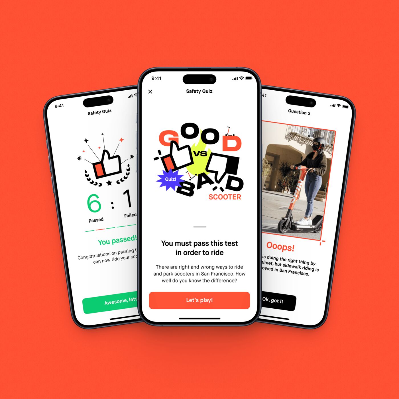 Three phones showing the Spin Safety Quiz: Good vs Bad Scooter