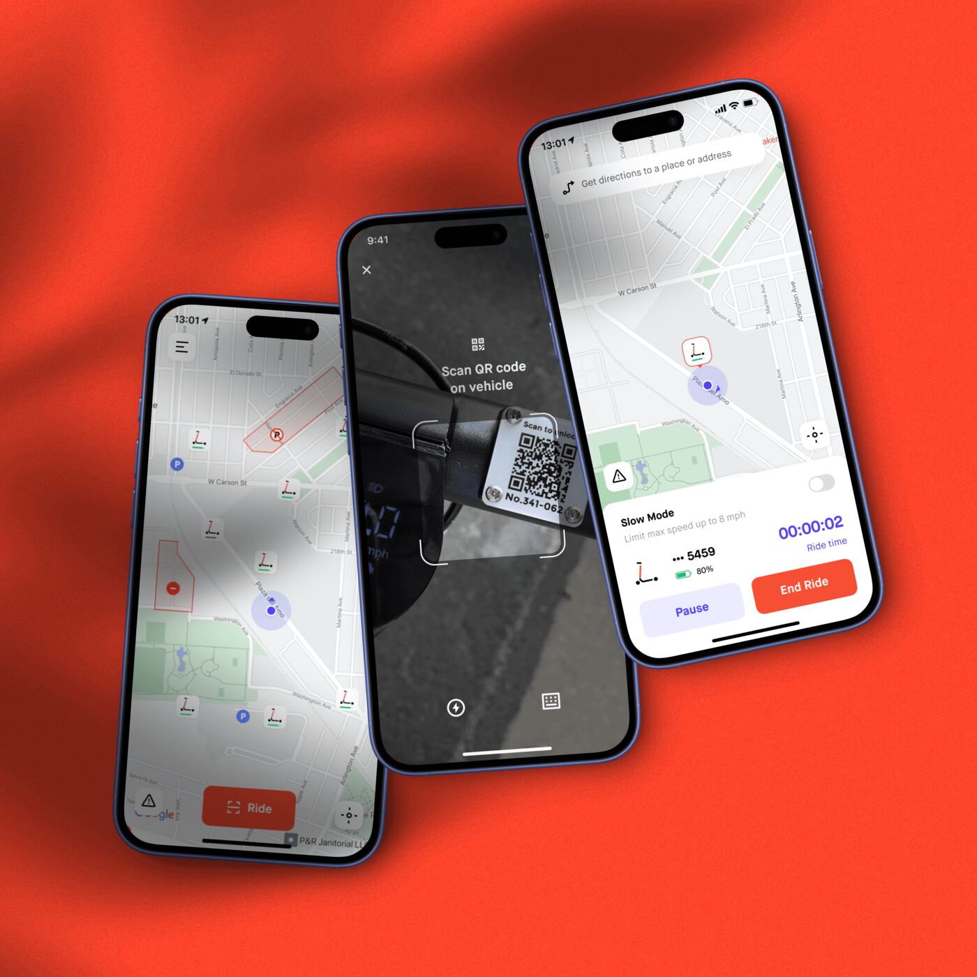 Three phones showing the Spin rider app: the map, scanning a scooter's QR code, and an active ride