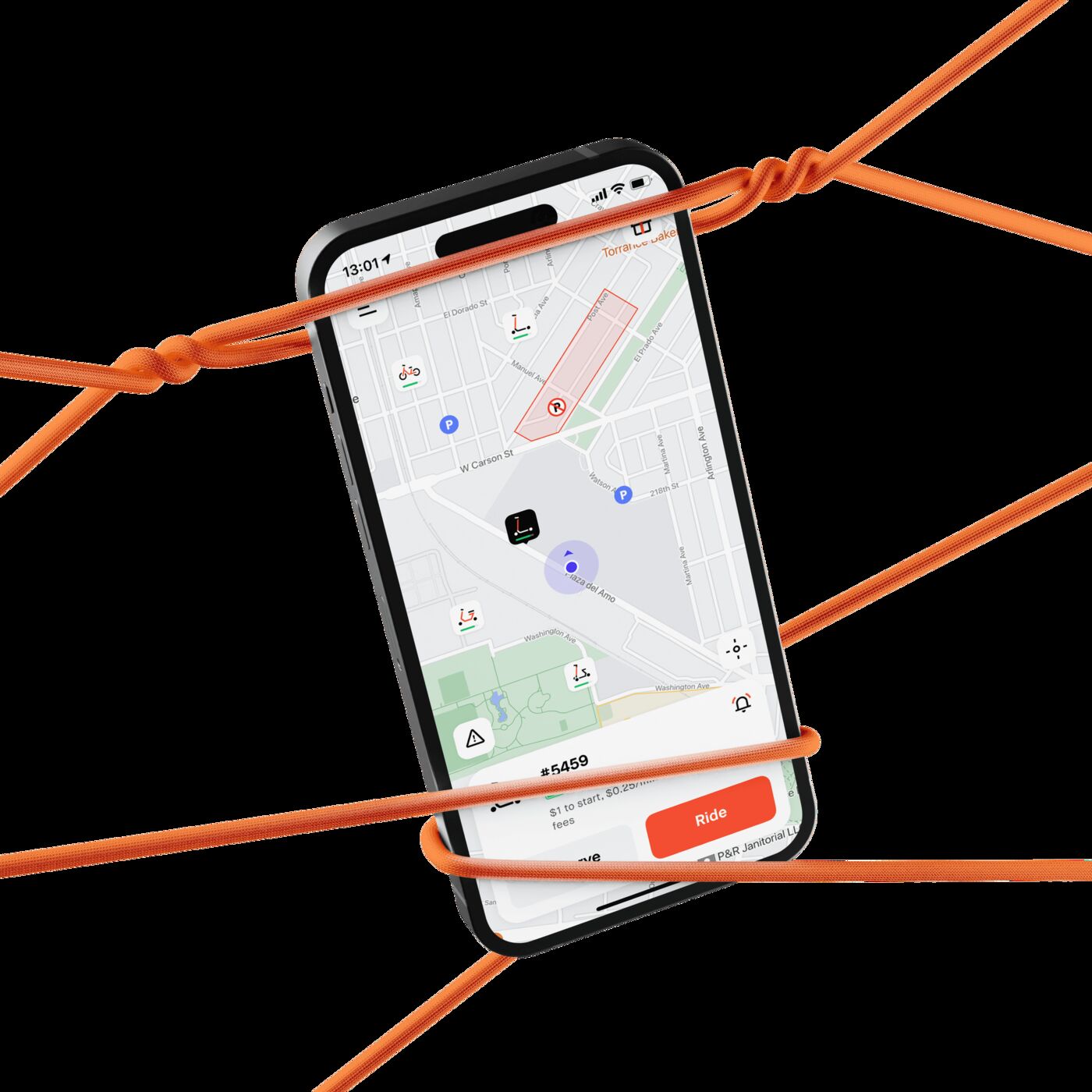 A phone showing the Spin map and Ride button, held in a tangle of orange cord
