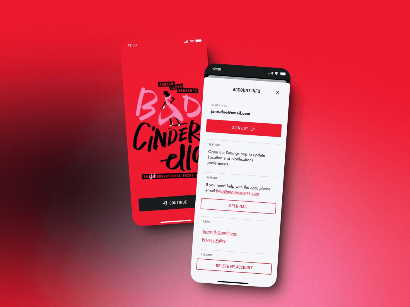 A theatre app on two phones: a red splash screen and an account screen