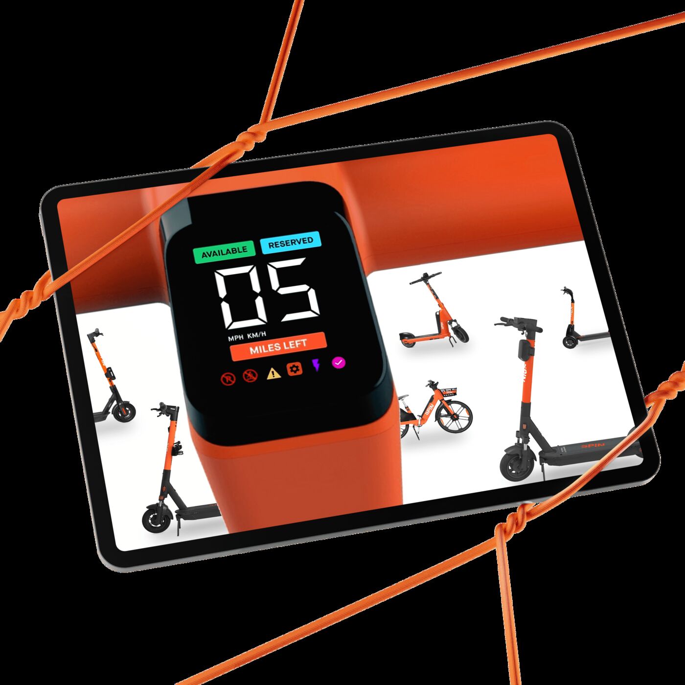 A tablet showing the Spin fleet and a vehicle display reading 05 mph